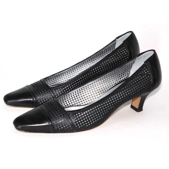 Rangoni Black Leather Firenze Italy Perforated Square Toe Pumps, Size  7B - Picture 2 of 7